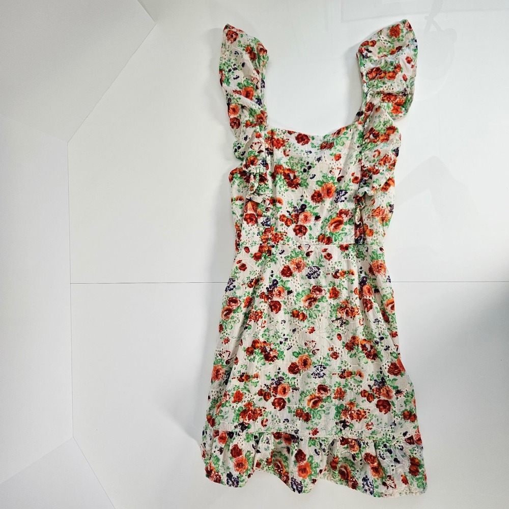 Blue Rain Floral Eyelet Mini Dress Orange Red Green Ruffle Trim XS